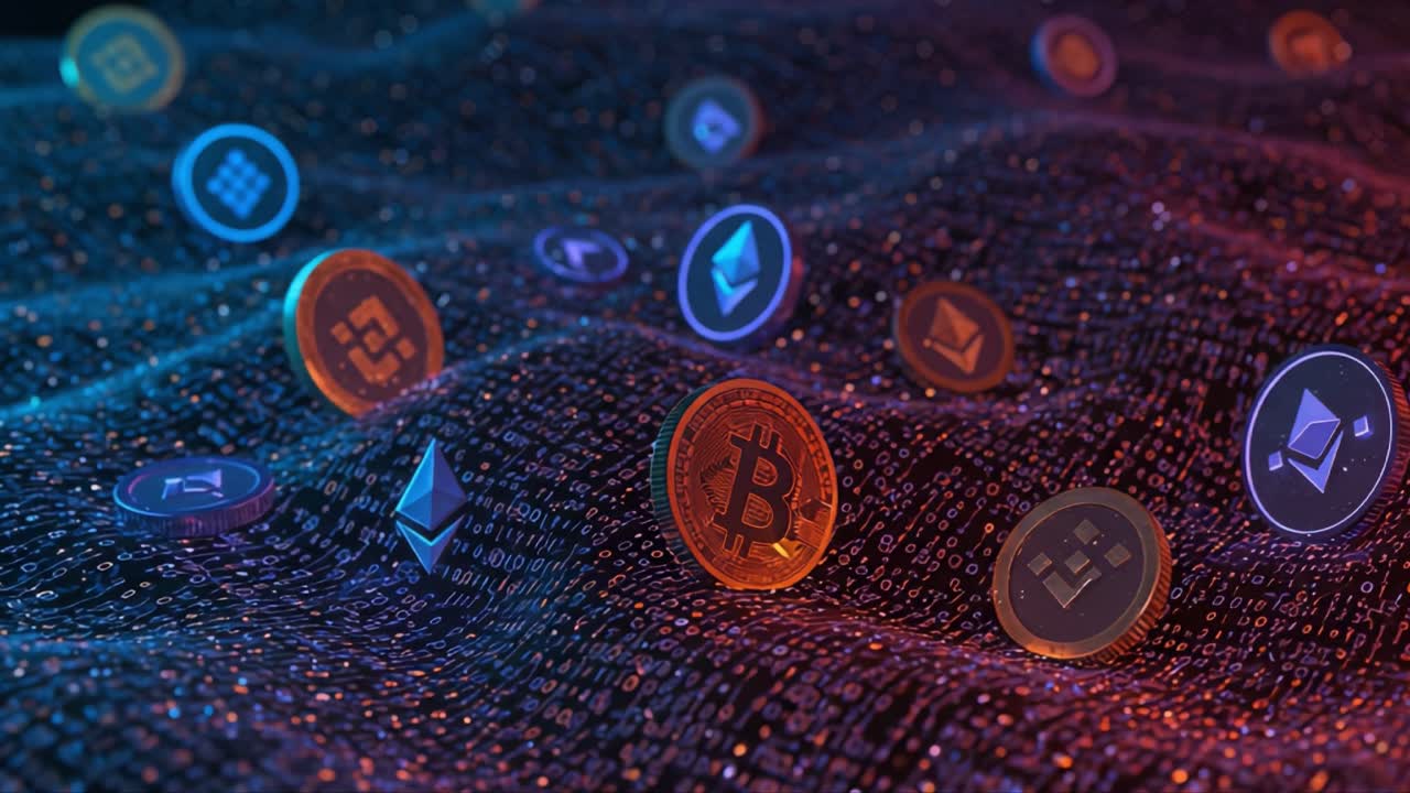 Dynamic Visual Representation of Cryptocurrency Coins and Digital Technology in a Futuristic 3D Environment with Vibrant Lighting and Data Patterns