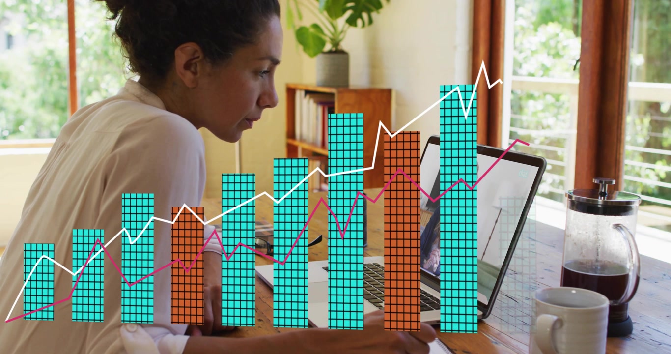 Mature woman joining call while capturing data as animated finance bars and trend lines building