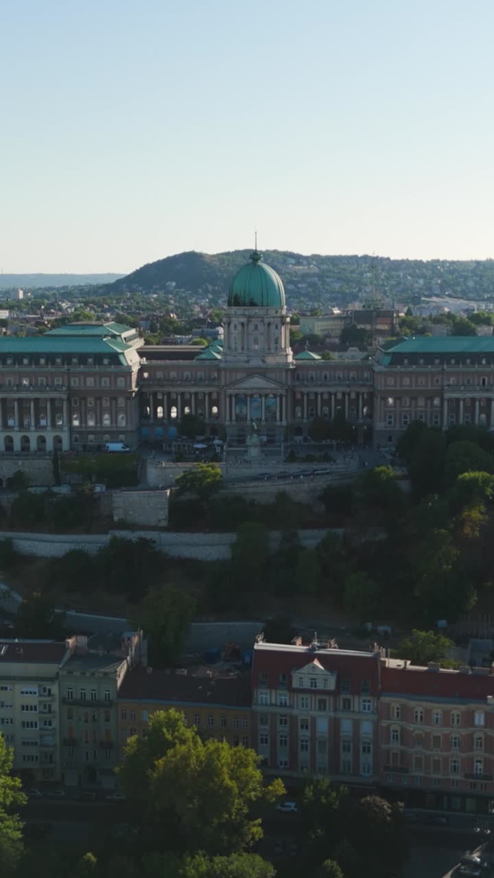 Buda Castle in Budapest, Hungary, capturing its historic architecture and the hilltop location. Vertical Video