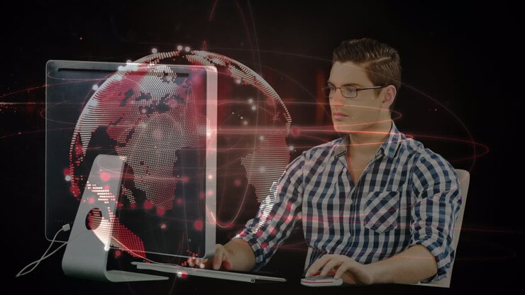 Animation af globus og forbindelsesnetværk over kaukasisk forretningsmand, der bruger computer