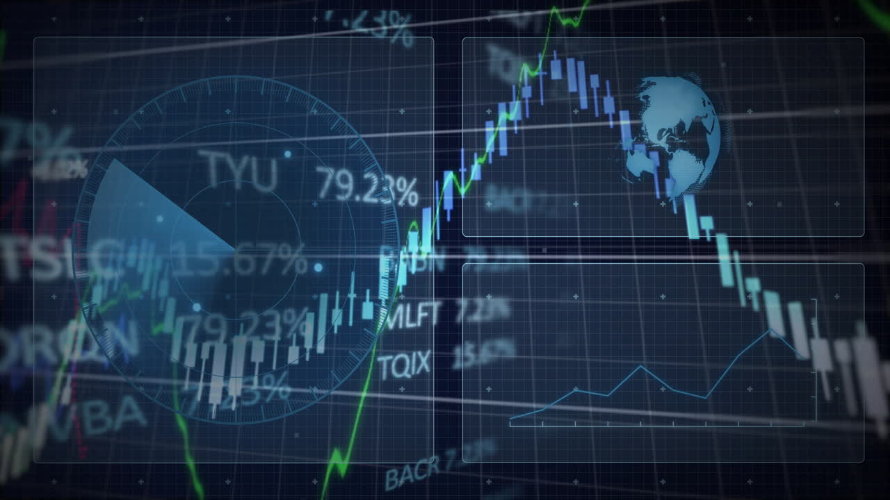 Animazione di dati finanziari e tendenze del mercato azionario con sovrapposizione di mappa globale