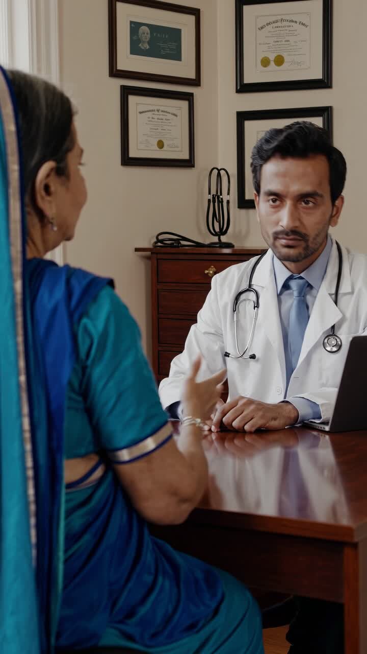A video still showing a doctor consulting a patient in traditional attire