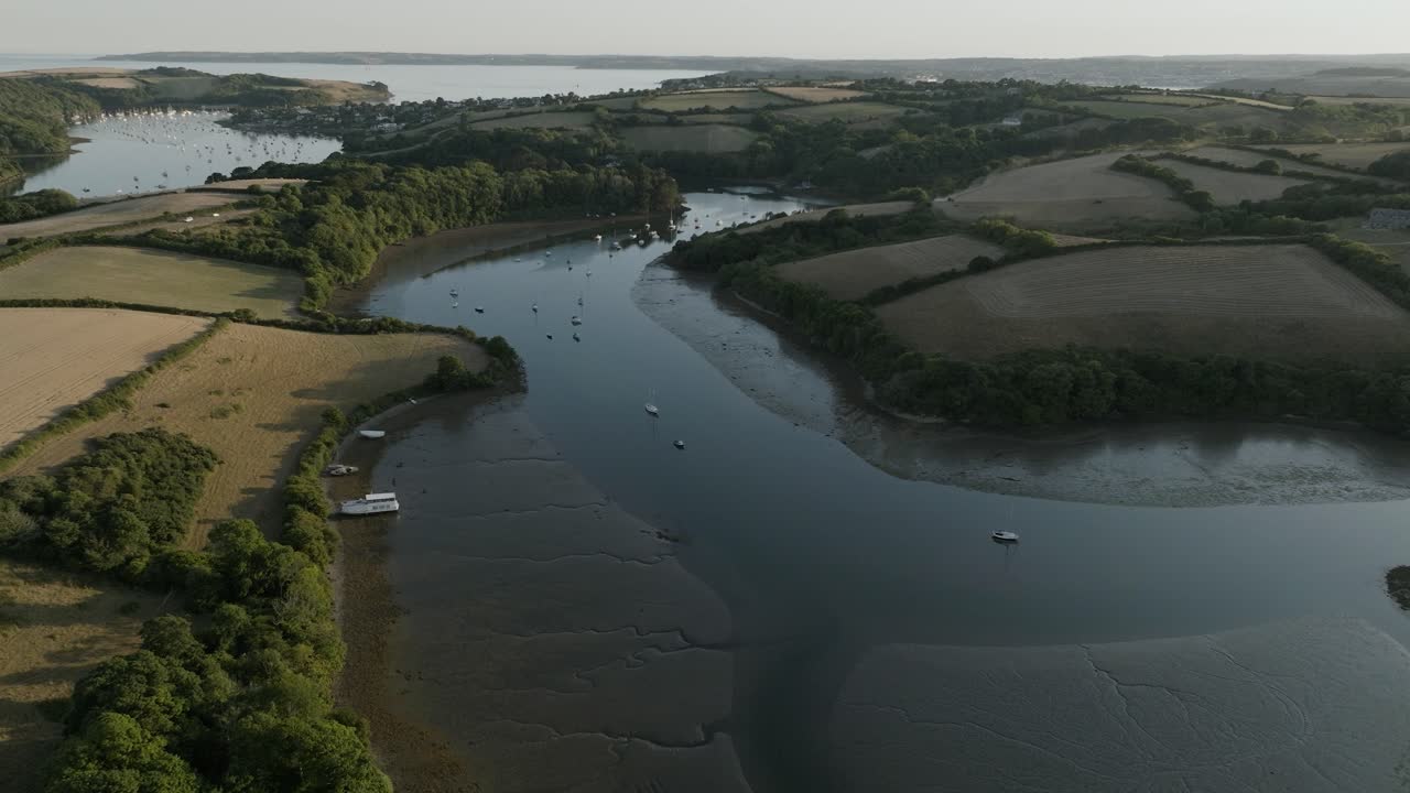 Estuary St Mawes Percuil River Cornwall Evening High Angle Aerial Low Tide Summer Boats