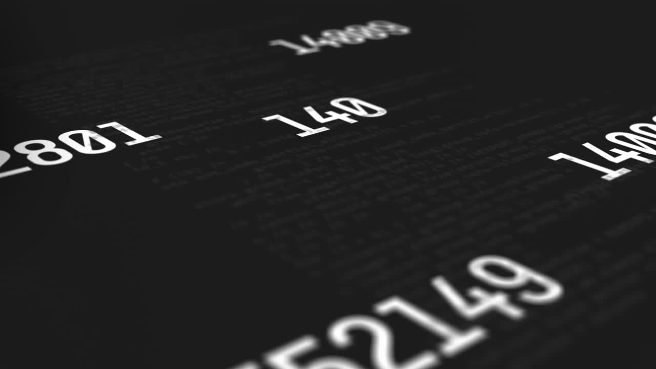 Animation of changing numbers over circles, graphs, globe against grid pattern on black background