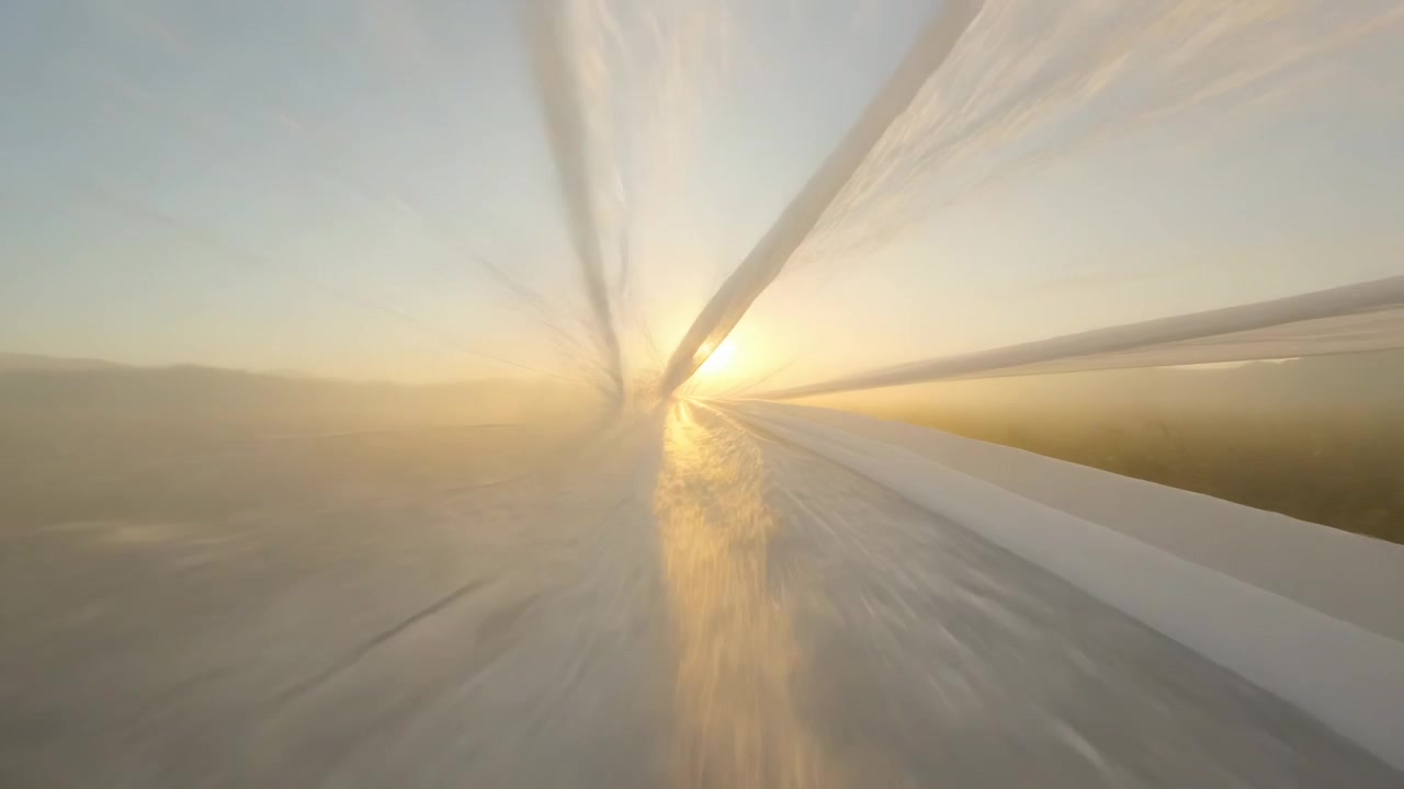 Gliding towed camera pulling white fabric forward as sun rises over grassy plain, mist glowing