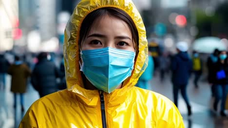 a woman wearing a yellow raincoat and a face mask