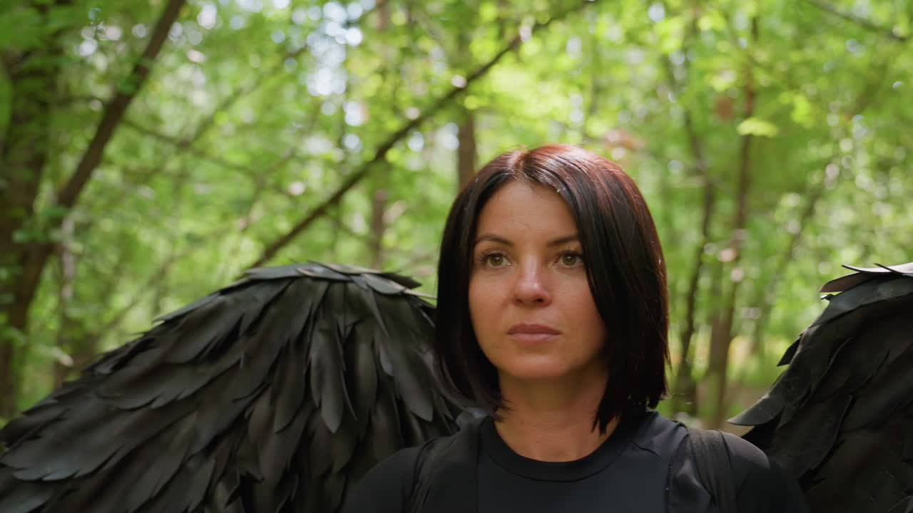 Close up of black fairy holding wooden staff turning with serious expression in green forest, dark wings moving slightly as sunlight filters through trees, evoking mystery