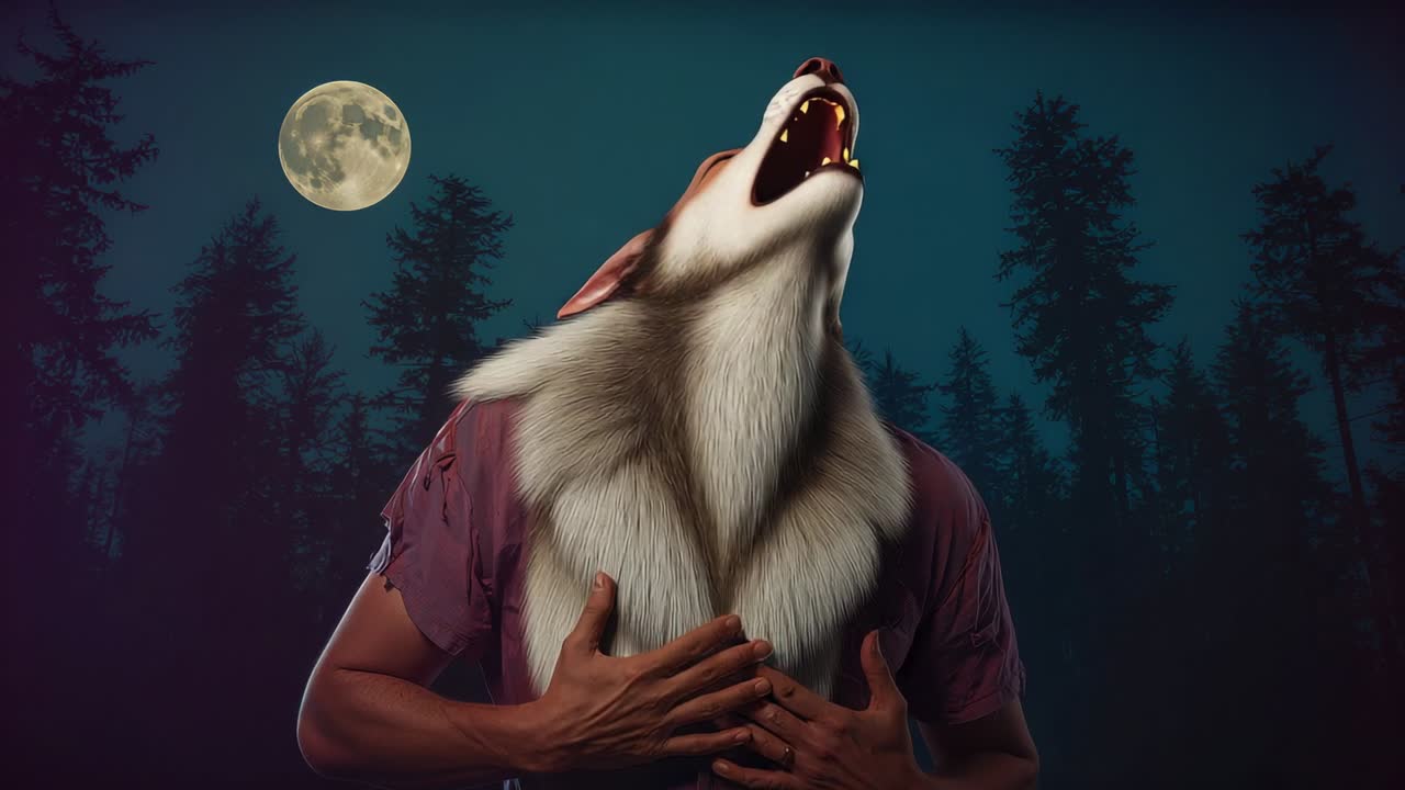 Under full moon, male transforming into wolf at forest, ripping purple shirt, fur emerging, howling