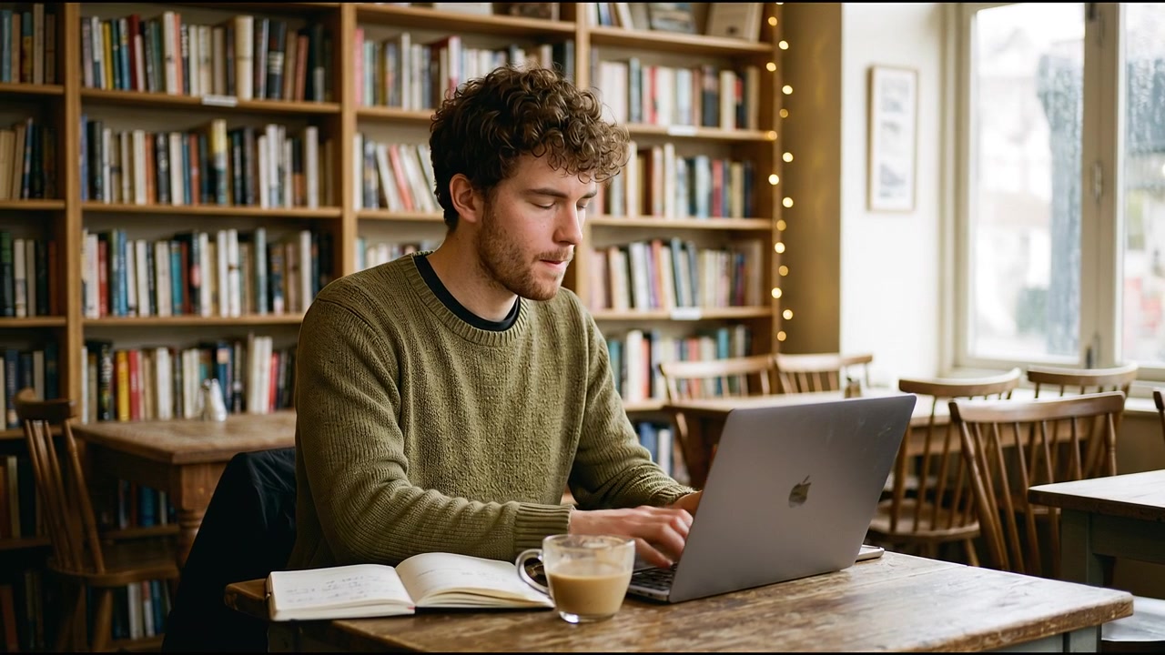 Ung mann jobber på bærbar PC på kafé eller i bokhandel