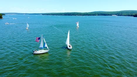 birds eye view of sailboats and motorboats at wallenpaupack lake, pennsylvania, usa