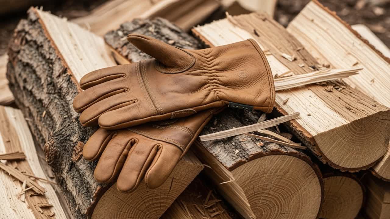 A Pair of Well-Worn Leather Gloves Resting Comfortably on Stacked Logs, Perfect for Outdoor Work and Seasonal Projects, Showcasing Their Durability and Craftsmanship