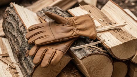 a pair of well-worn leather gloves resting comfortably on stacked logs, perfect for outdoor work and seasonal projects, showcasing their durability and craftsmanship