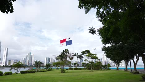 la bandera nacional de panamá ondeando el viento, en un parque, contra edificios altos modernos y rascacielos cerca de la costa