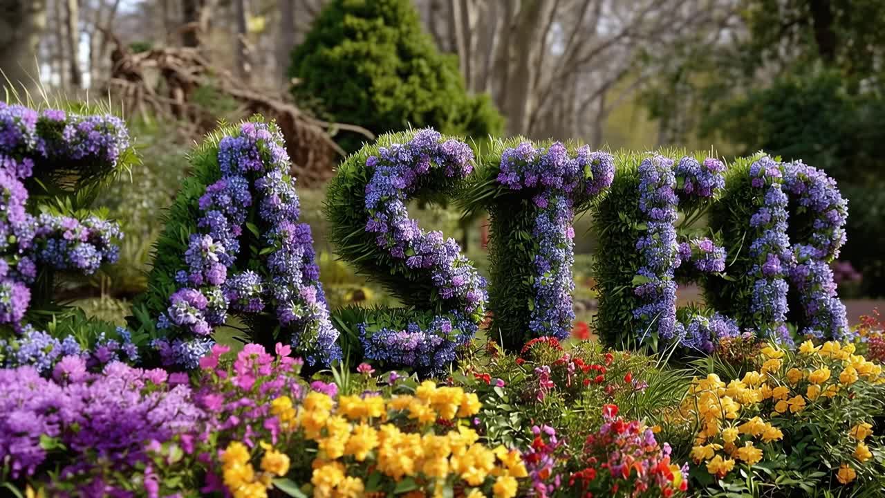 Vibrant flowers spell out "EASTER" in a garden. Purple and yellow blooms surround the sign. Green grass frames the colorful display. Nature celebrates spring with festive cheer