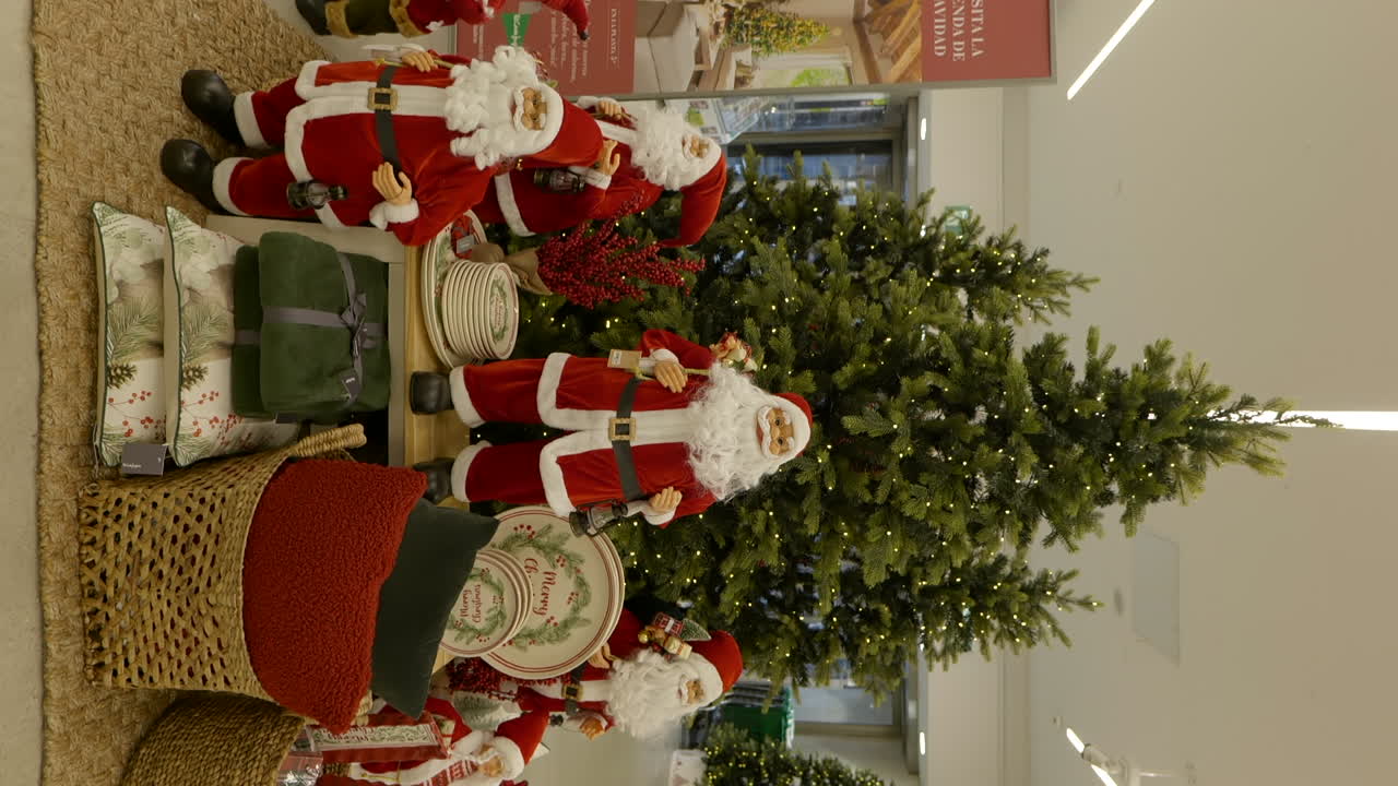 video vertical de las decoraciones navideñas del centro comercial con santa y árbol de navidad