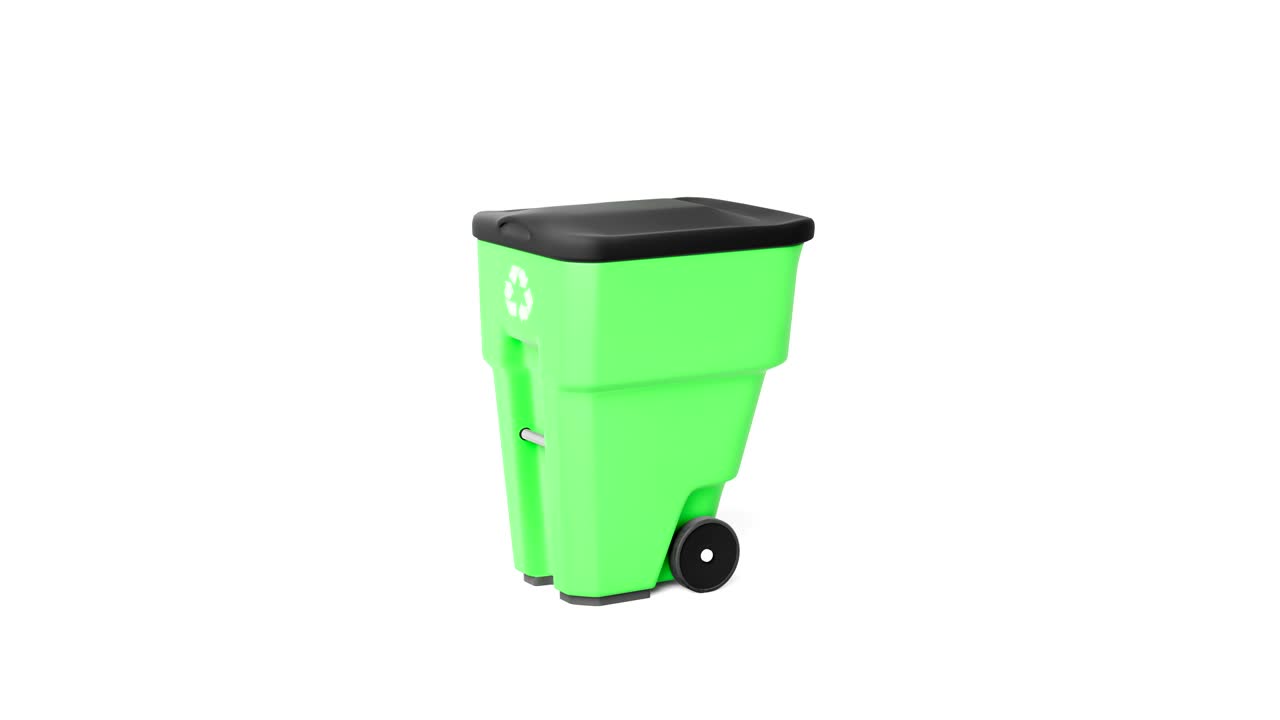 Green plastic garbage bin with recycling logo. Isolated on white background. Rotates 360 degree. 60 fps animation