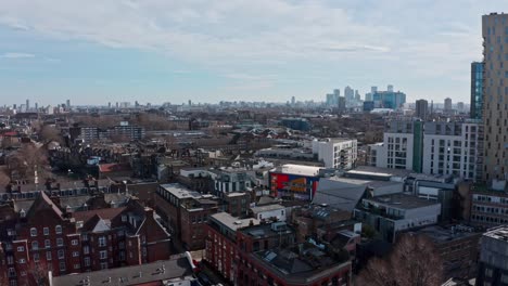 descending drone shot of tower hamlets borough canary wharf london