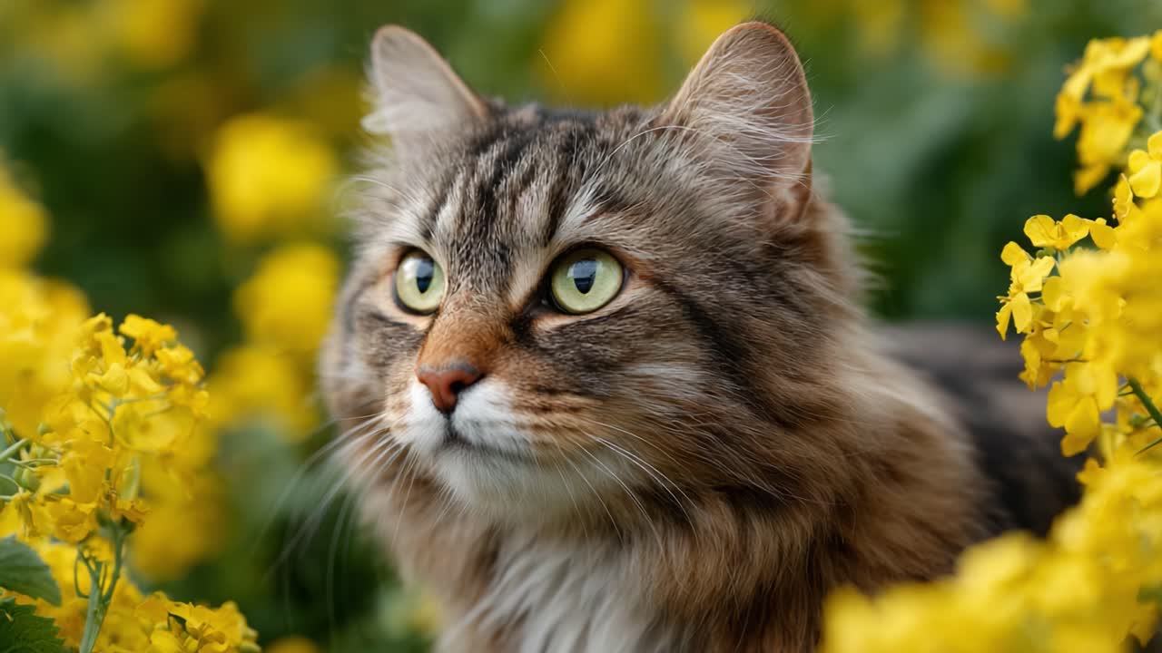 A Beautiful Cat Poised Among Vibrant Yellow Flowers, Showcasing Its Captivating Green Eyes and Luxurious Fur, Surrounded by Nature's Splendor