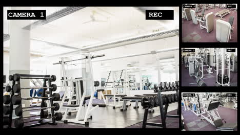 four security camera views of gym interiors with free weights and fitness equipment, slow motion