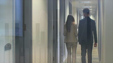 animation of financial graphs over back view of diverse businesspeople walking in office