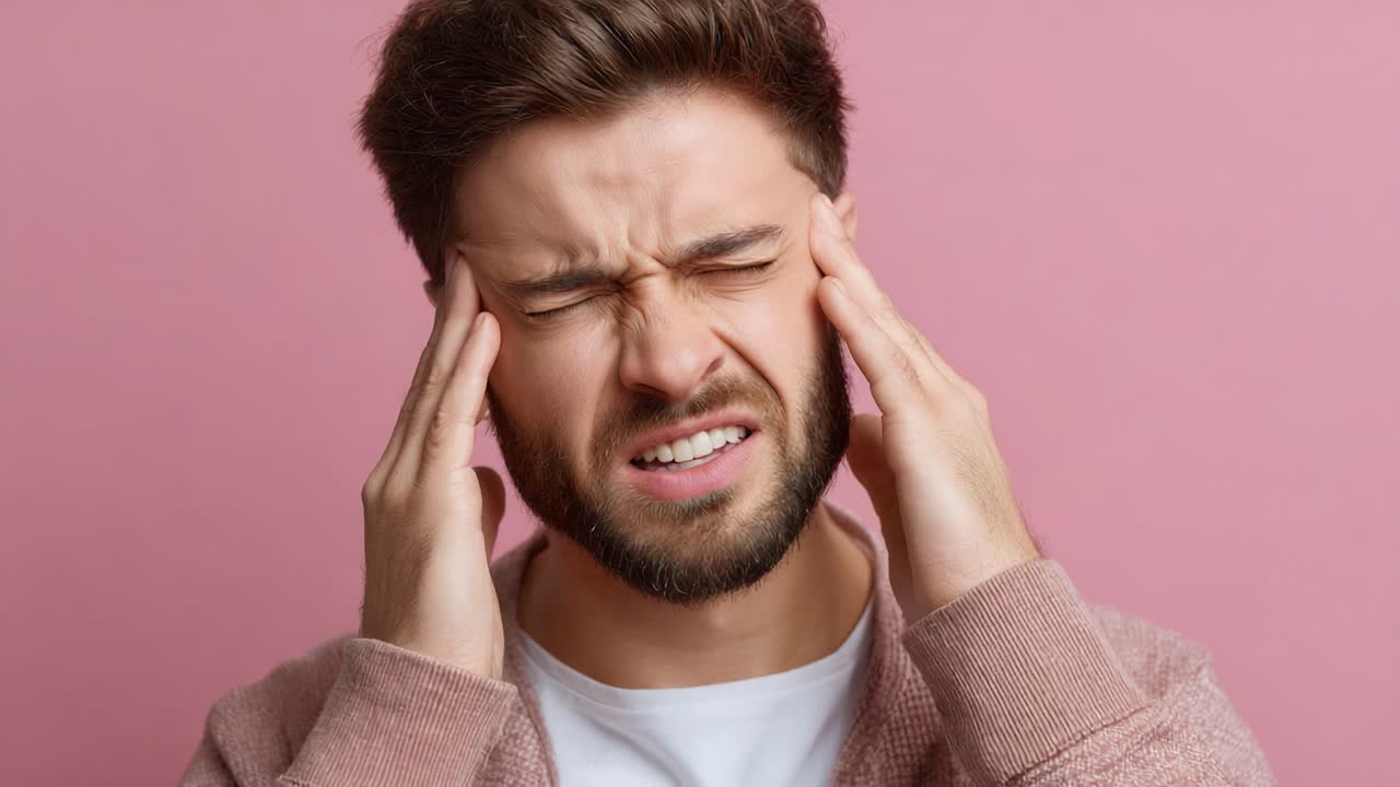 An Individual Expressing Discomfort and Pain, Gripping Their Head with Distress While Against a Soft Pink Background, Illustrating the Effects of Headaches or Migraine