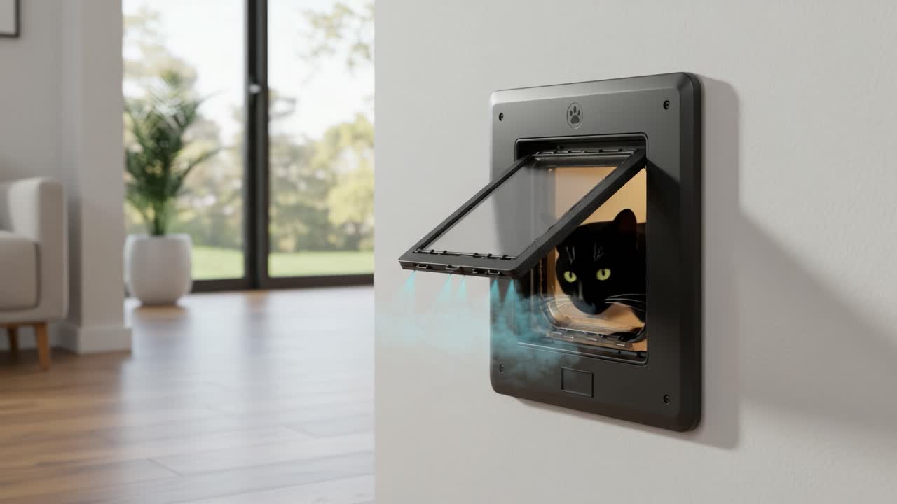 A modern dog door integrated into a stylish interior, showcasing its functionality and sleek design while allowing pets easy access to the outside world