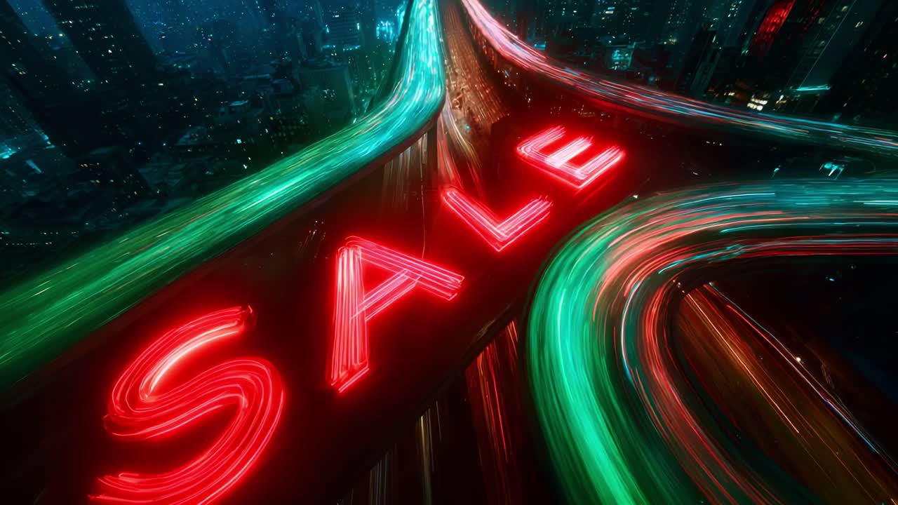 Vibrant Urban Nightscape Featuring a Striking SALE Neon Sign Illuminating the Dynamic Motion of Traffic on an Aerial Highway, Capturing the Essence of City Life and Commerce
