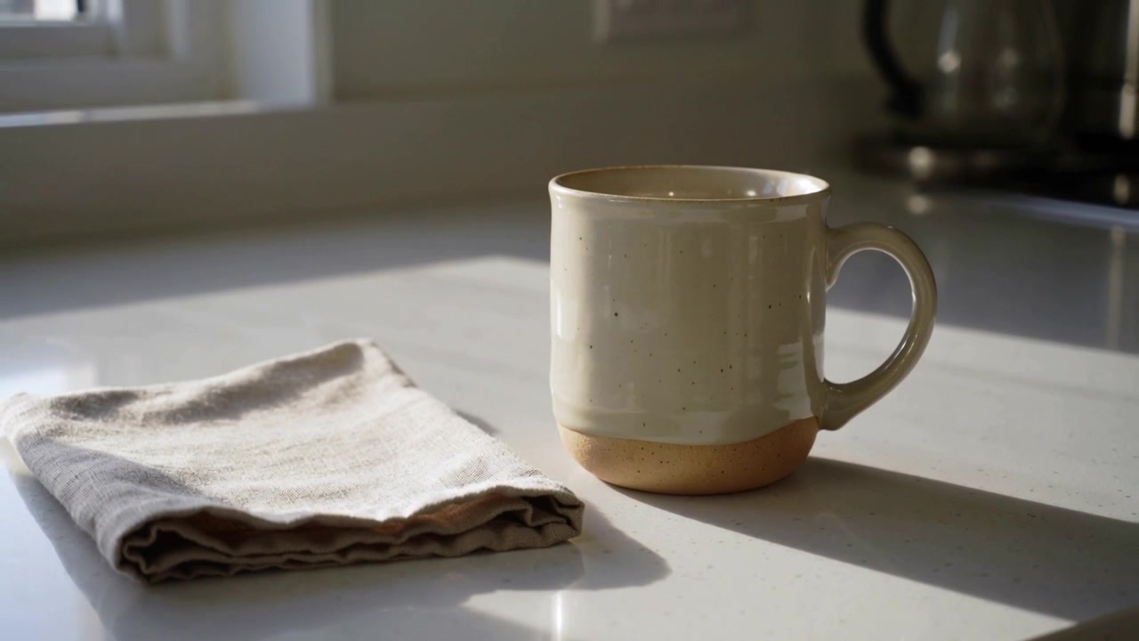 Casting speckled mug changing shadow as sunlight shifting on white counter, folded cloth