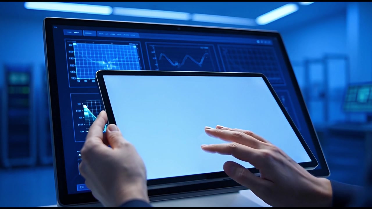 Hands Interacting with Digital Tablet and Computer Monitor Displaying Data