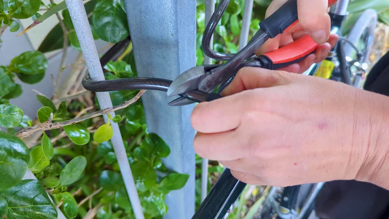 Closeup of person attempting to cut a bike lock with hand wire cutters securing bicycle to fence