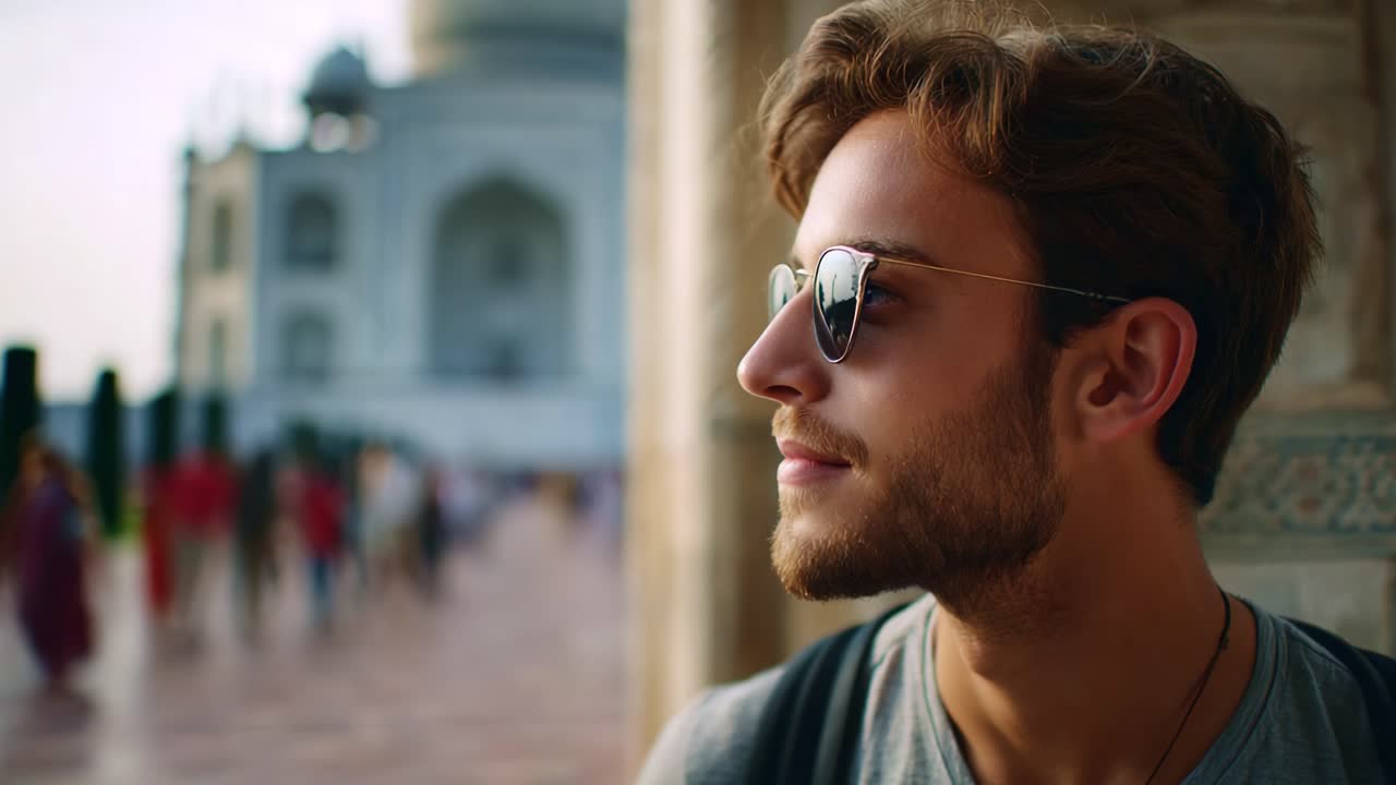 Un giovane uomo alla moda si gode una vista panoramica vicino a un monumento storico, catturando l'essenza del viaggio e della riflessione personale in un'atmosfera affollata