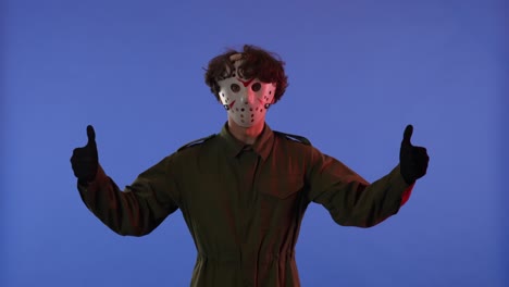man in white respiratory mask and clothing looking around
