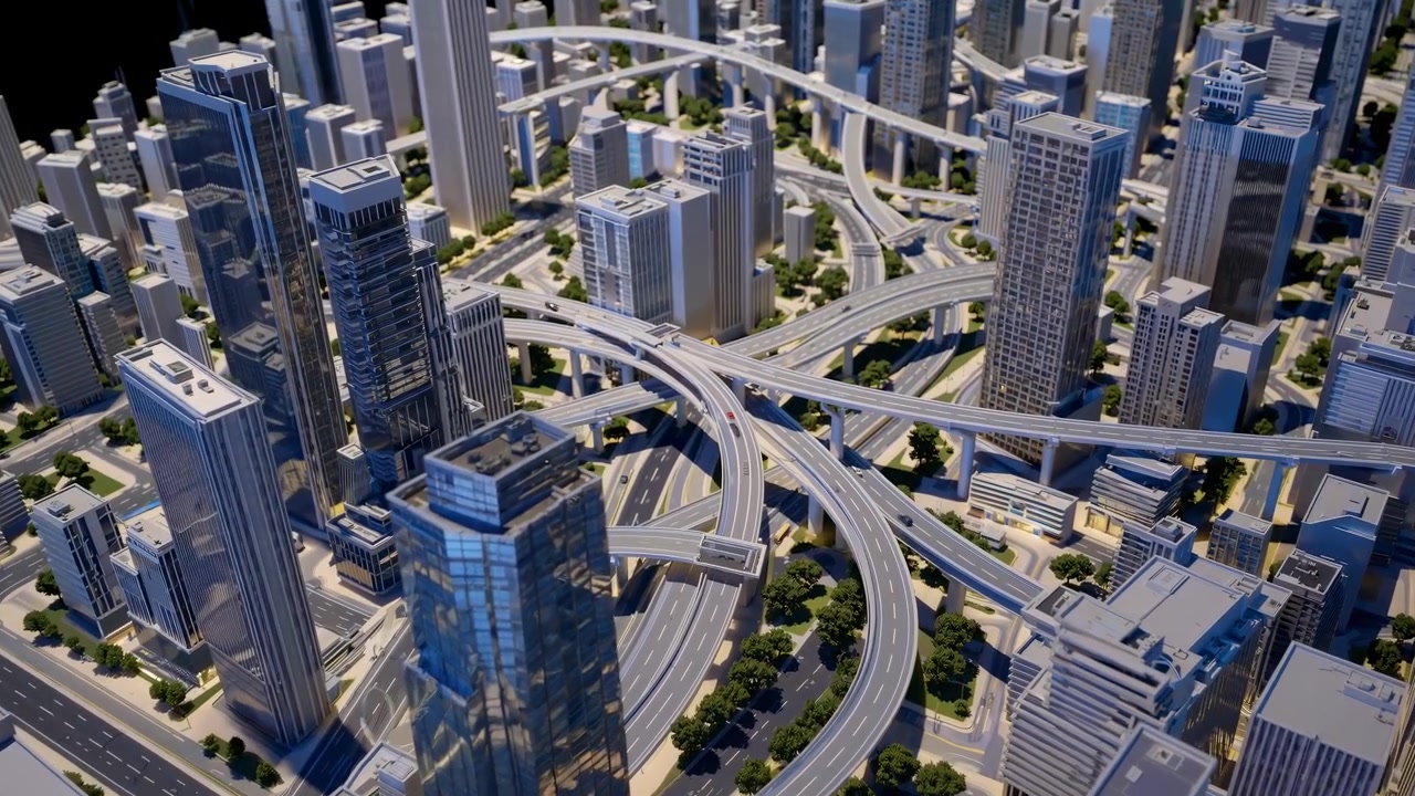 Aerial View of a Detailed Miniature City Model with Highway Interchange