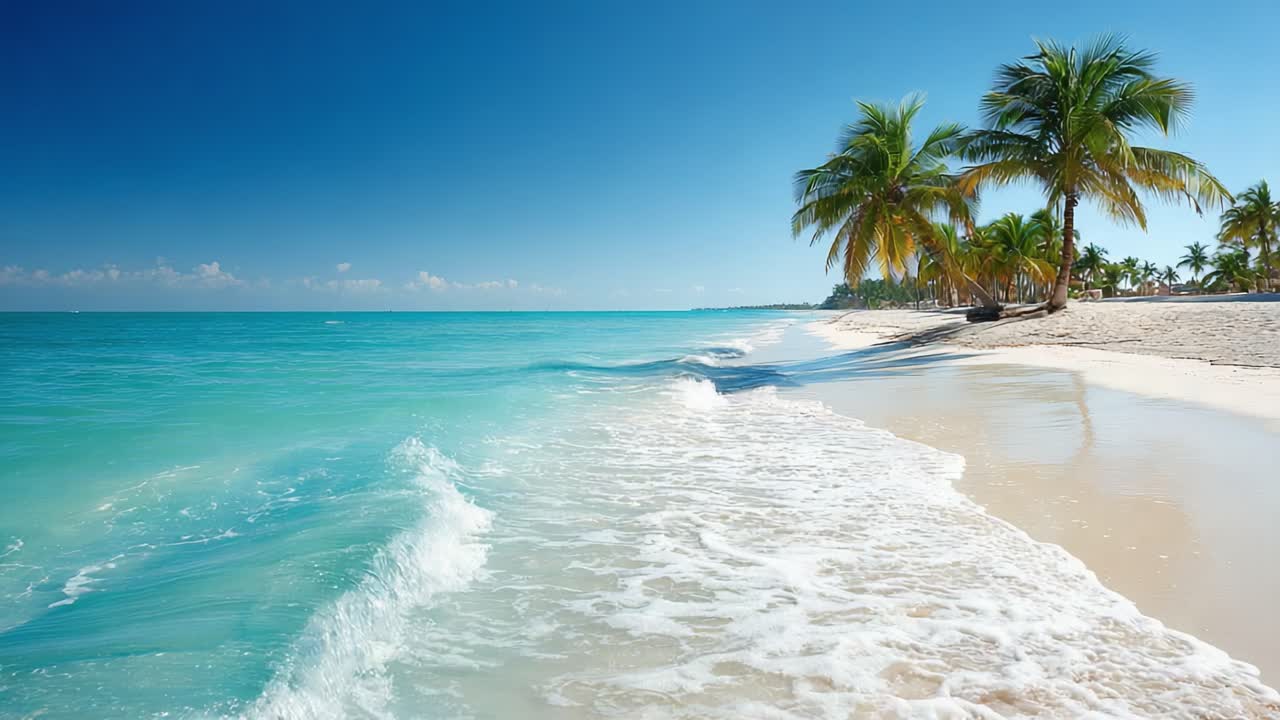 A Serene Tropical Beach Scene Showcasing Shimmering Turquoise Waters and Lush Palm Trees Under a Clear Blue Sky, Inviting for Relaxation and Exploration