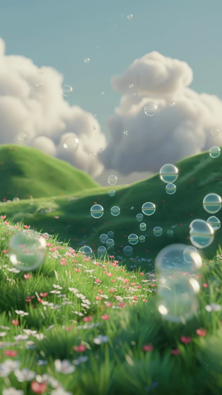 A dreamy landscape with bubbles floating over a flower-filled meadow