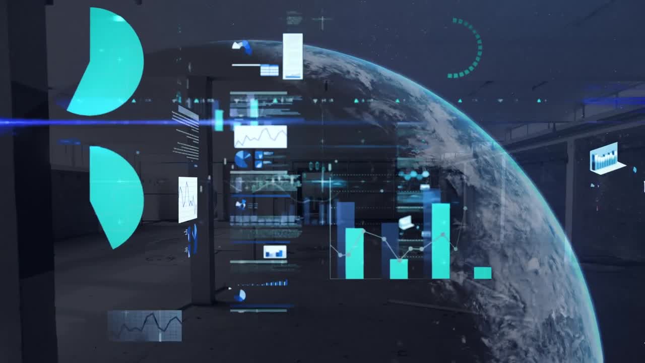 Animation of globe and statistics processing and warehouse