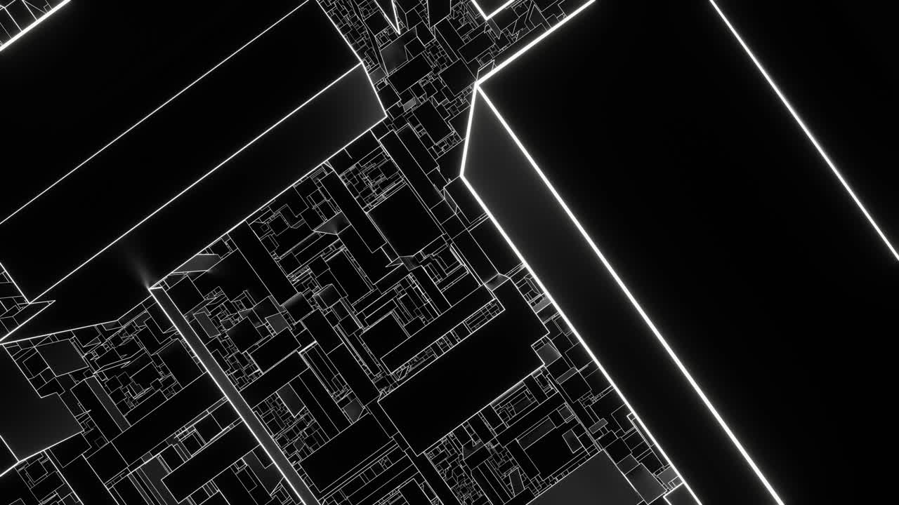 Flying into the abyss among black squares and rectangles with glowing white face