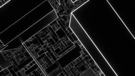 flying into the abyss among black squares and rectangles with glowing white face