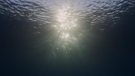 Golden-evening-sun-shines-through-the-oceans-surface-in-clear-blue-tropical-water