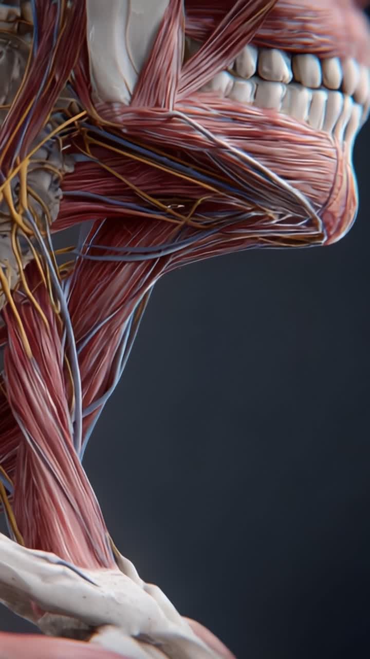 Rappresentazione anatomica dettagliata della muscolatura umana e del sistema nervoso, che mostra la struttura 3D del collo e della mascella a scopo educativo