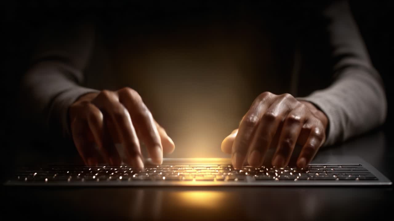 Illuminated Typing: Captivating Close-Up of Hands Dancing Over a Keyboard, Creating a Glow that Enhances the Art of Digital Communication and Creativity