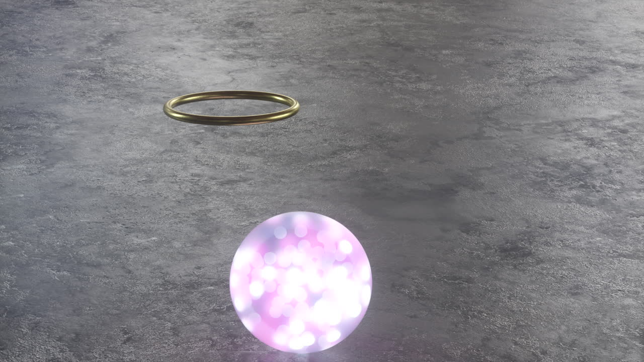 Soft liquid sphere falling through a golden ring. 3d animation looped render