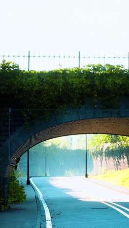 a narrow road goes under an arched bridge covered in green vines