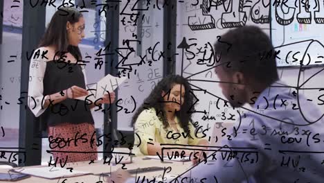 Animation of mathematical equations over diverse business people talking