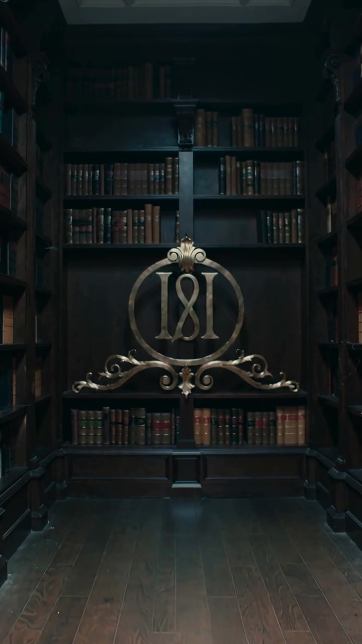 Vertical video: Dollying camera approaching ornate crest in paneled library, revealing scrollwork