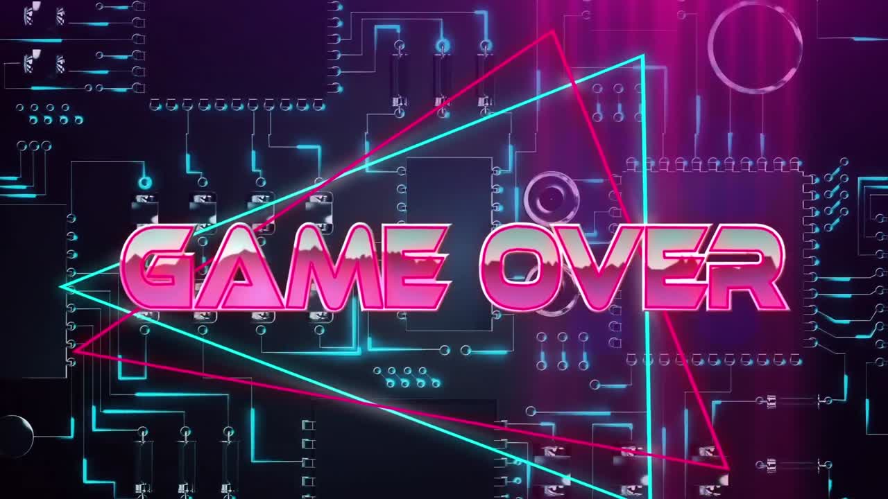 Game over text on neon triangles against close up of microprocessor connections on purple background