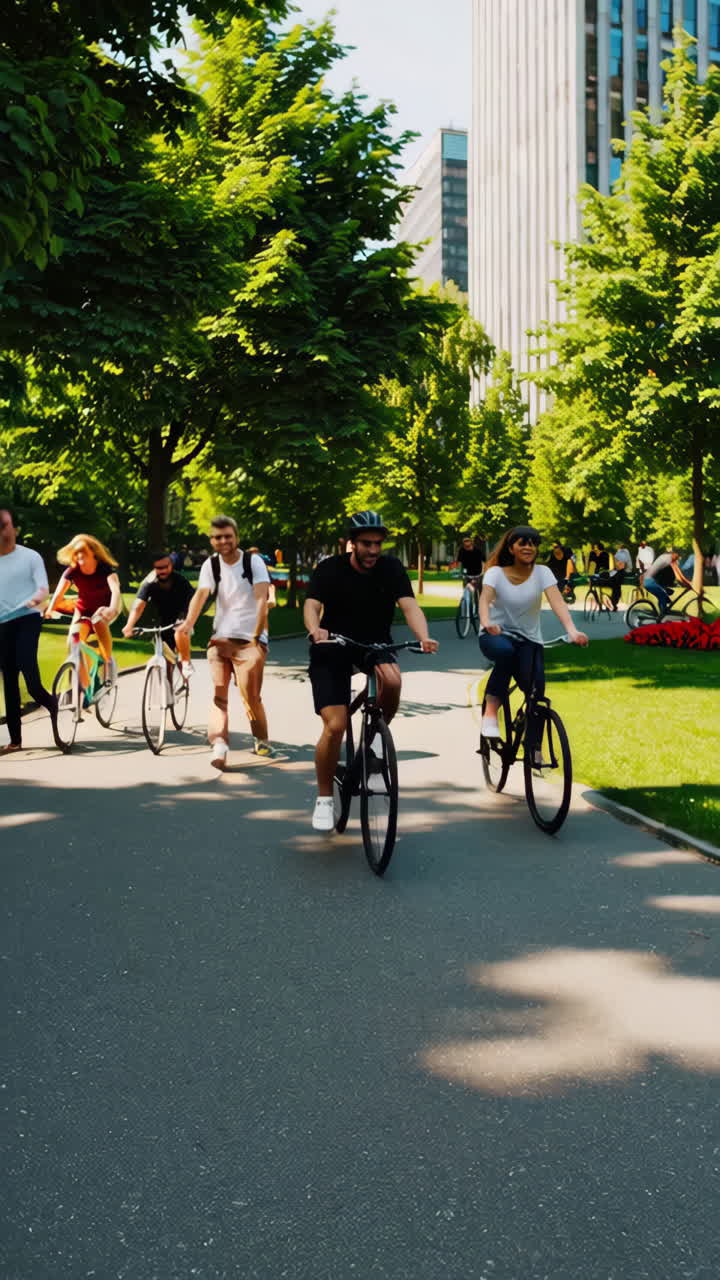 A group of friends cycling through a green park on a sunny day