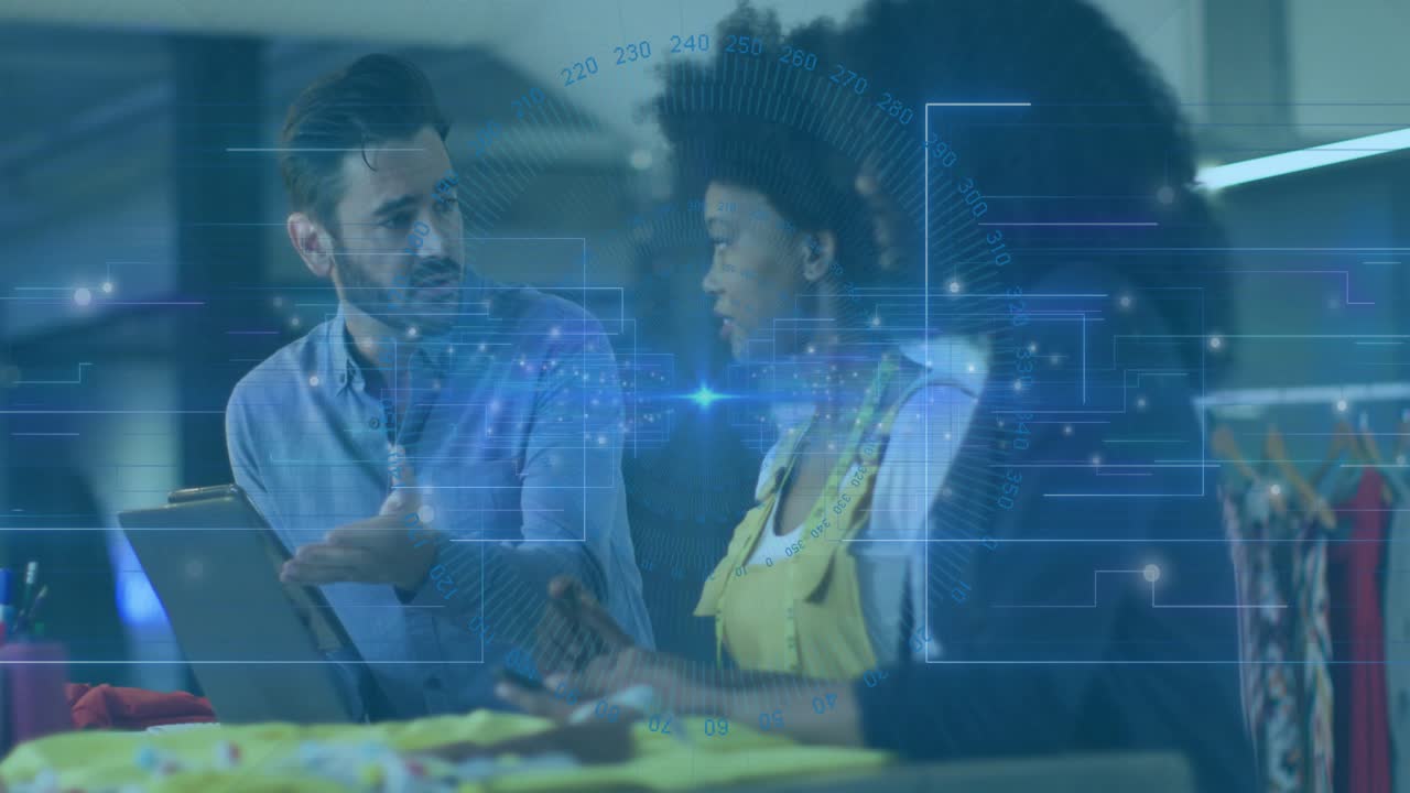 Man tapping tablet, team gesturing and comparing fabric for design, blue overlays showing patterns