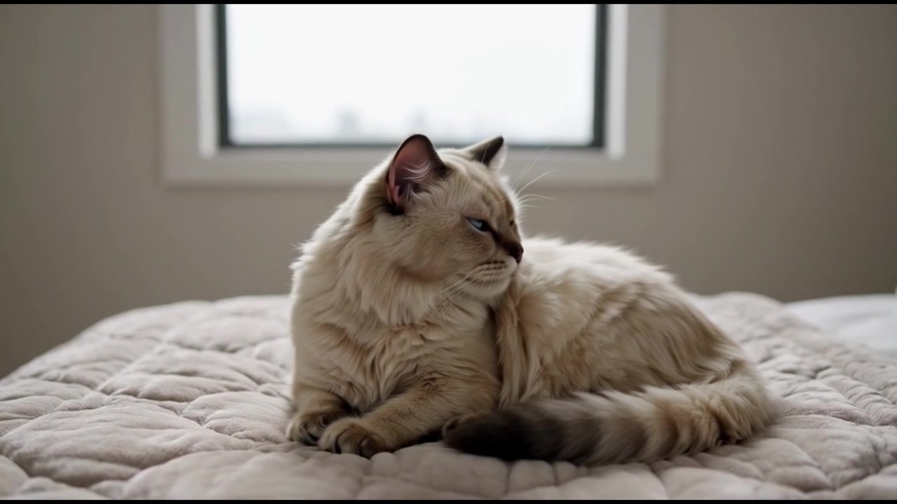 Bellissimo gatto Ragdoll che riposa su un letto trapuntato