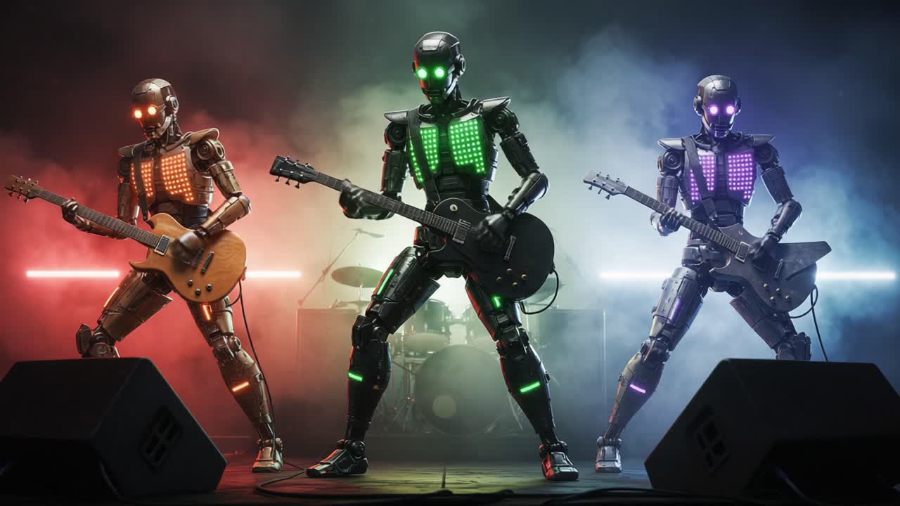 A striking performance by three futuristic robotic musicians, illuminated by vibrant lights, as they rock out on stage with electric guitars in this captivating scene
